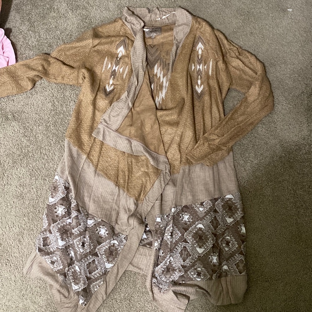 MISS ME tan aztec open front cardigan; size L